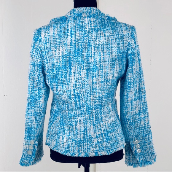 Vintage Blue/White Tweed-style, Fringed Blazer, Size 6P - Picture 2 of 8